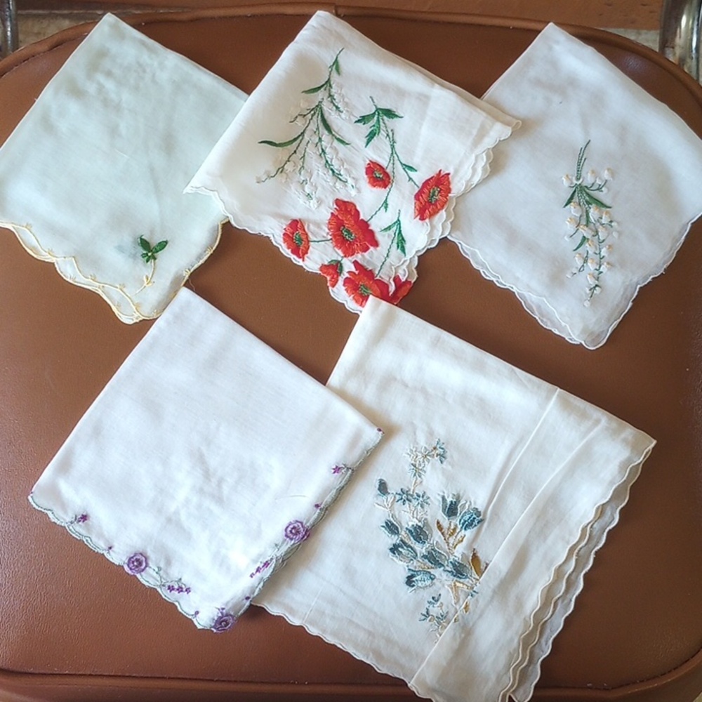 5 Embroidered Vintage Floral Handkerchiefs. Red Yellow Green Blue Purple White